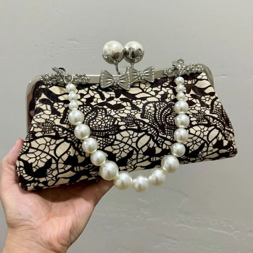 Lace Print Real hair-on-horsehide Kisslock Clutch/Wristlet Evening Bag/Crossbody